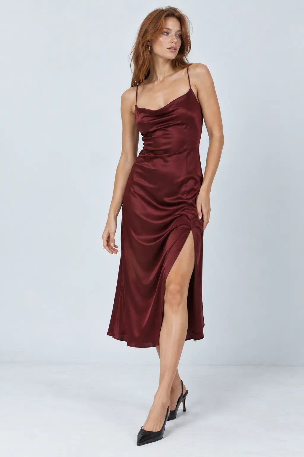 Burgundy Satin Midi Dress